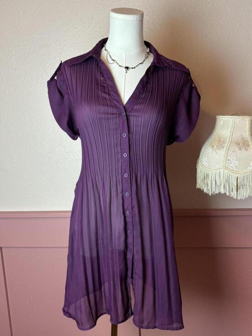 sunny leigh pleated button up purple dress sz medium sheer